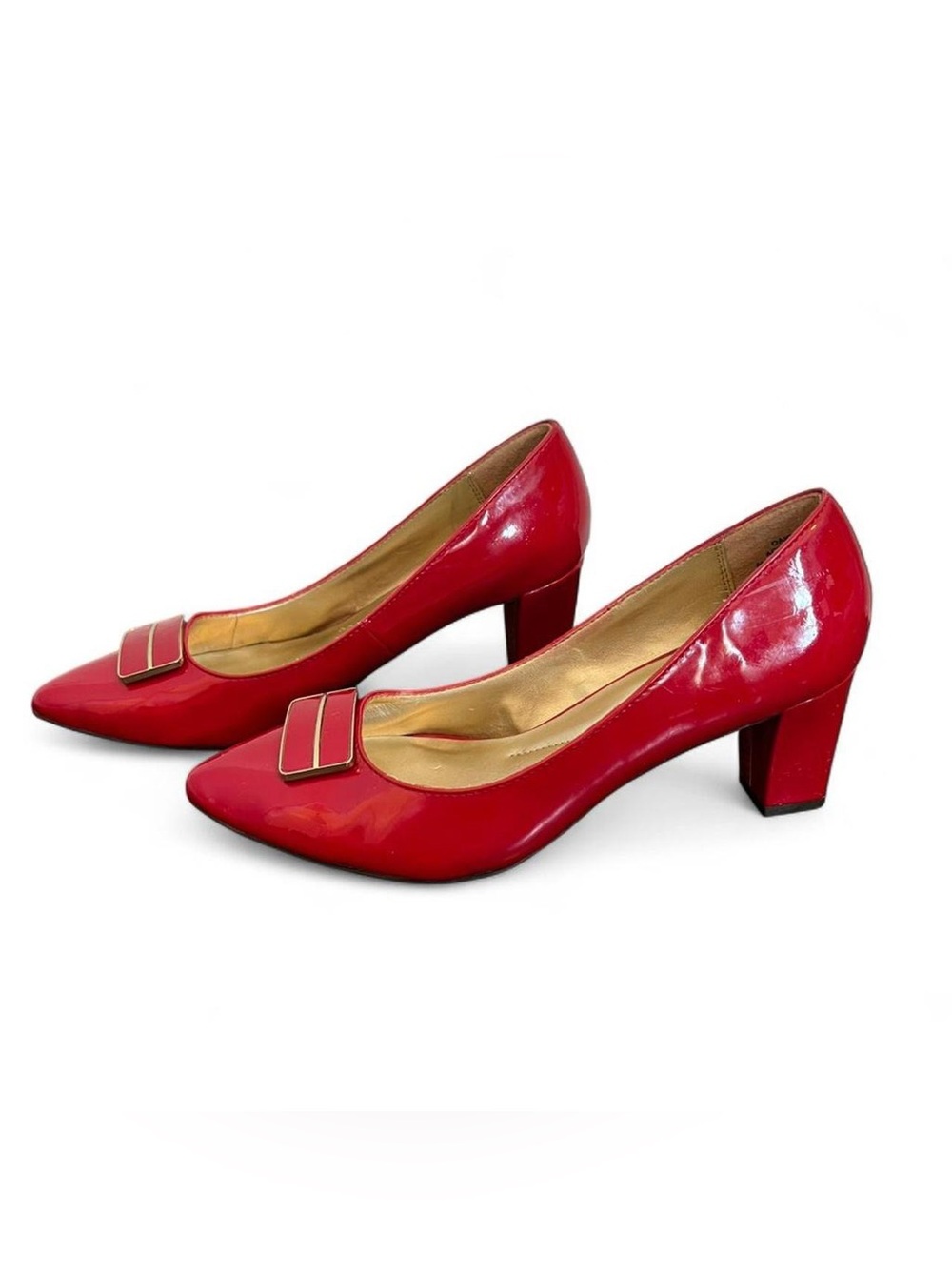 Red Patent Heel Pumps gold Buckle retro 1980s Andrew Geller Oaklee 7.5